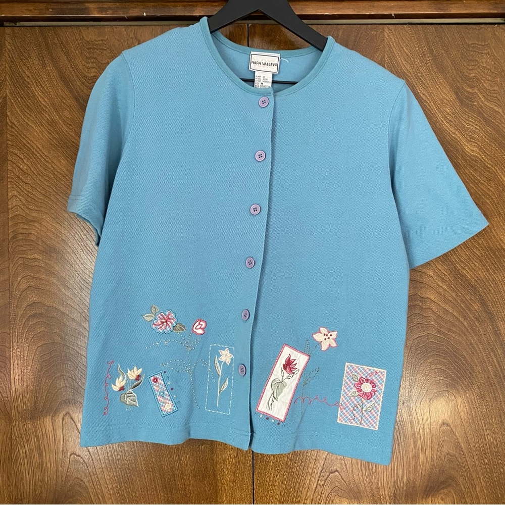 Napa Valley VTG Embroidered Floral Medium Short Sleeve Blue Cardigan Spring Bead